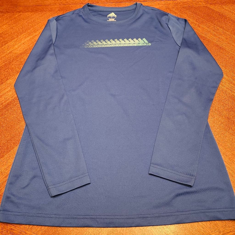 Women's Adidas Blue Long Sleeve Tee M with Green Logo B1